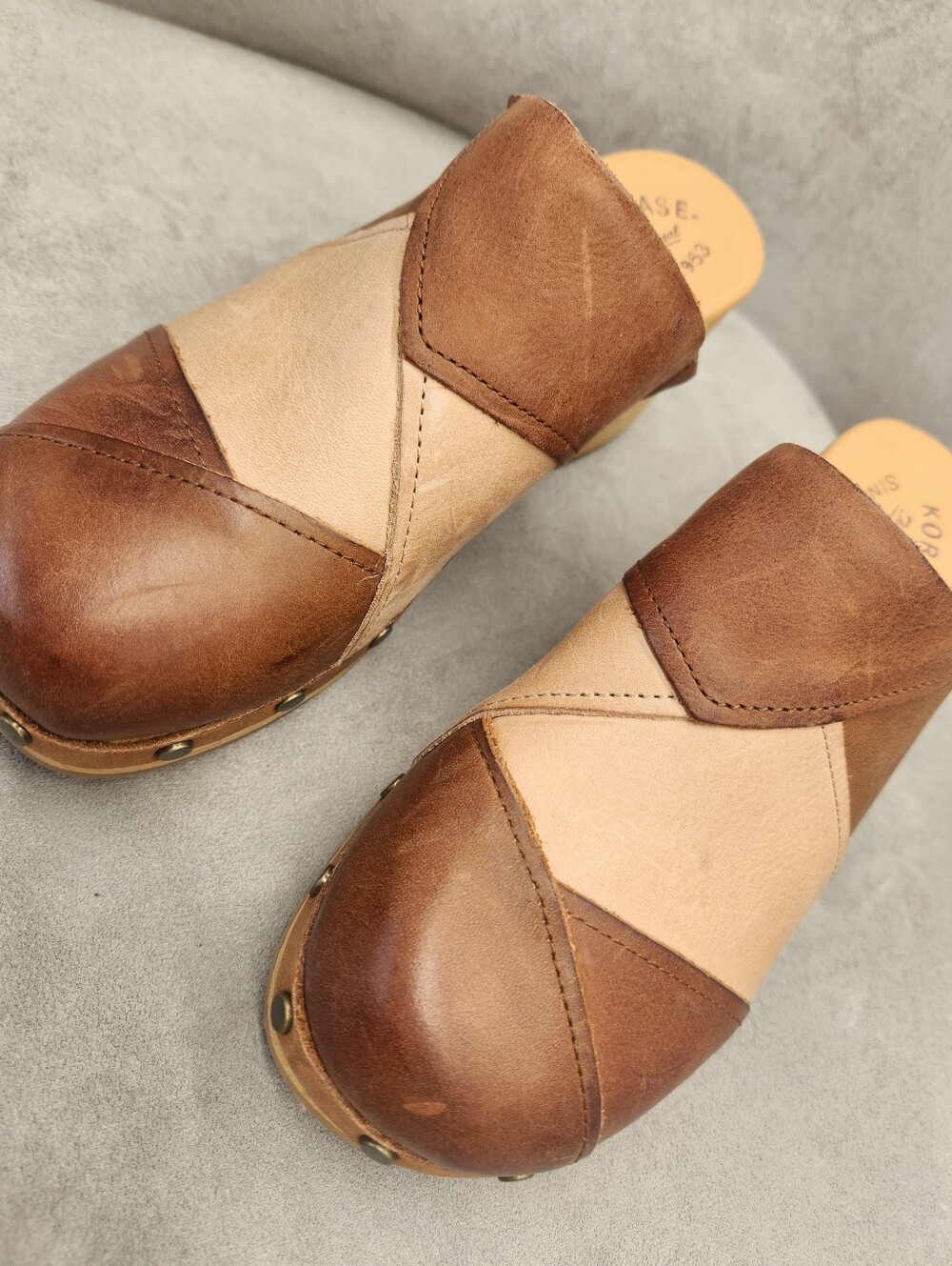 Kork-Ease Clogs 7 Brown Tan Leather Tay Patchwork Mules Scandinavian New $160 - Picture 9 of 16